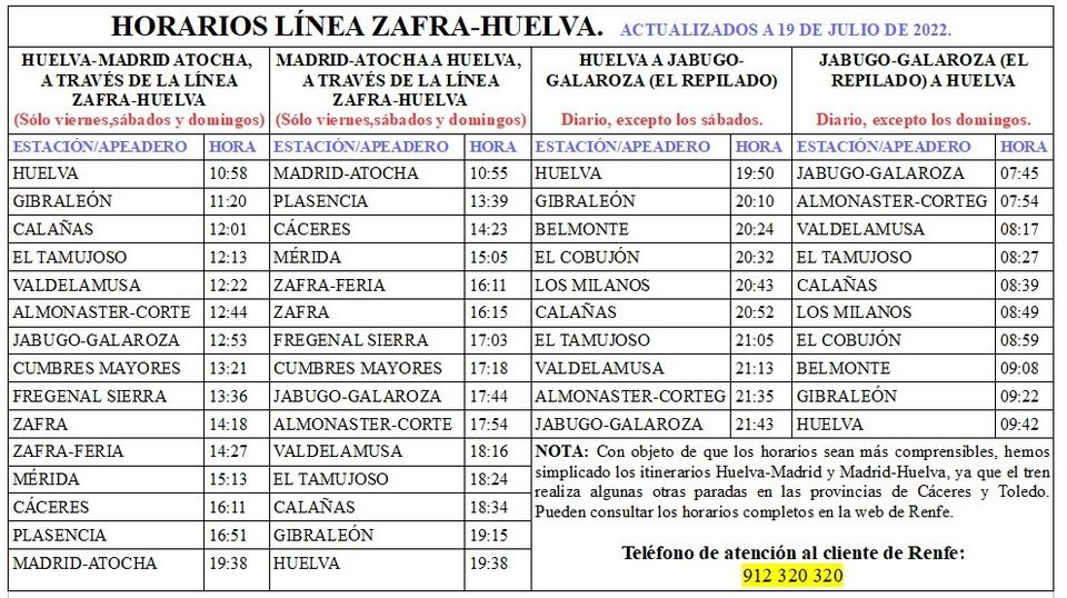 TODOS LOS HORARIOS DE LA LÍNEA HUELVA-ZAFRA:
NOTA: Con objeto de que los horario...
